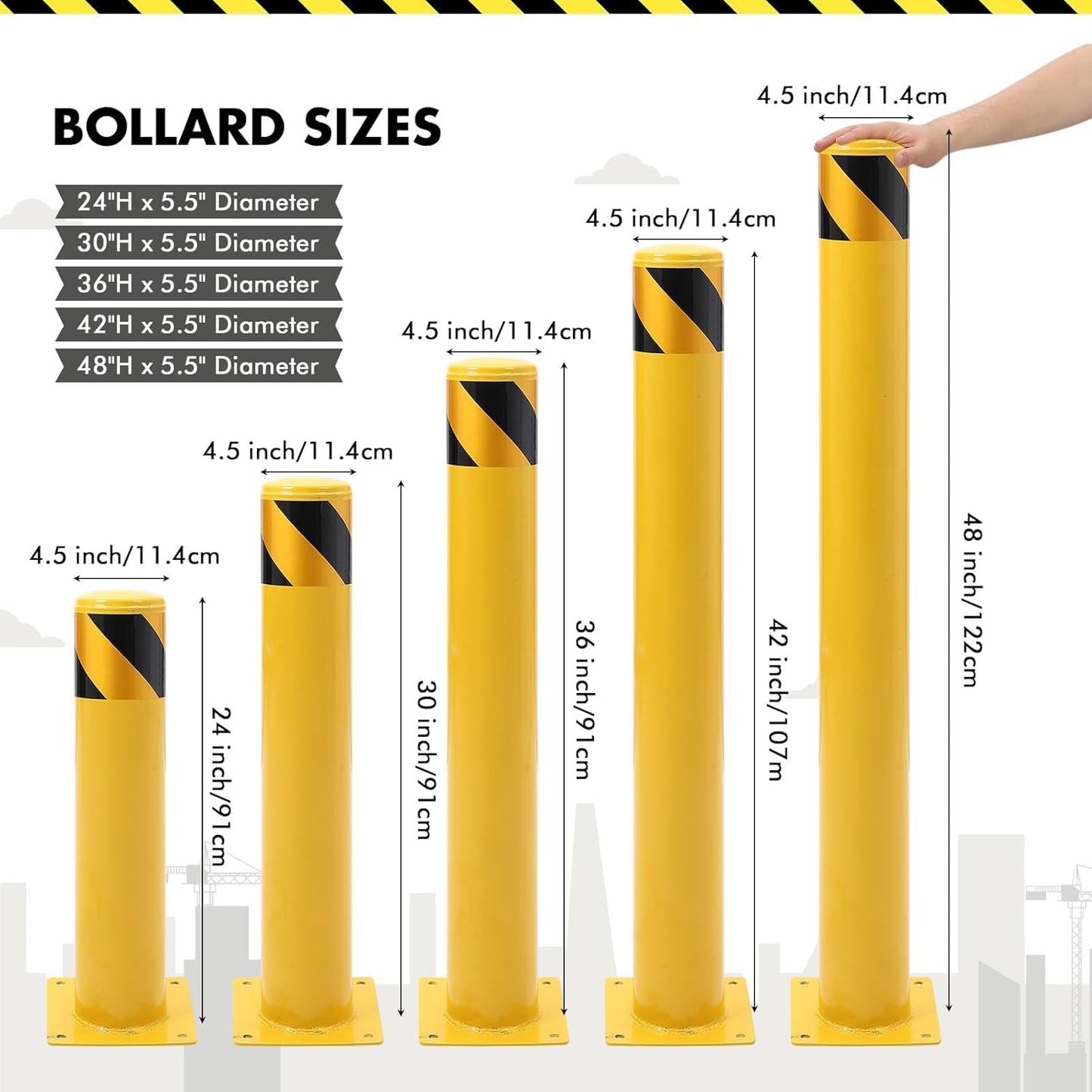 8 Pack Safety Bollard Post, 48 Inch Height 4.5 Inch Diameter Yellow Pipe Safety Steel Bollards with Anchor Bolts and Wrench, Steel Bollards for Road Warning Construction Traffic Control