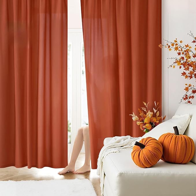 HOMEIDEAS Non-See-Through Fall Burnt Orange Privacy Sheer Curtains, 52 X 63 Inches Long 2 Panels Sheer Curtains Light Filtering Window Drapes for Bedroom Living Room