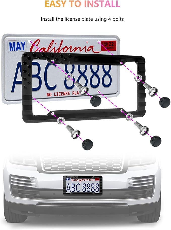 American Flag License Plate Frames - 2 Pack Black Patriotic USA Car Tag Frame, Raised 3D Stars & Stripes Plastic Holder with 3D Metal Decals