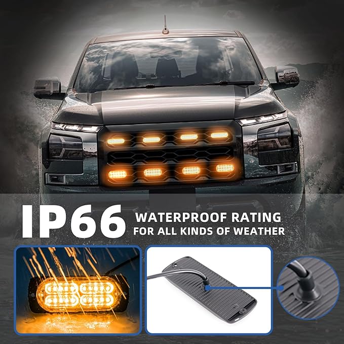 8pcs Sync Feature Emergency Strobe Grille Lights LED Ultra Slim Surface Mount Flashing Hazard Warning Light Bar with Controller for Firefighter/Construction/Trucks/Vehicles/Car (Amber)