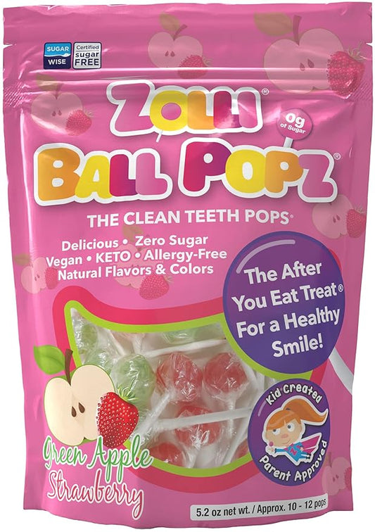 Zollipops Ball Popz Green Apple & Strawberry - Sugar-Free, Allergy-Free, Vegan, KETO Lollipops for a Flavorful and Guilt-Free Treat