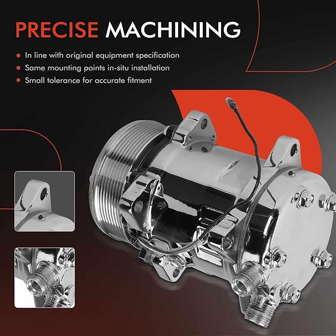 A-Premium Fit for Sanden 508 8PK Style, Universal A/C Compressor with Clutch, 8 Groove Serpentine Belt, Chrome Plated Aluminum Housing