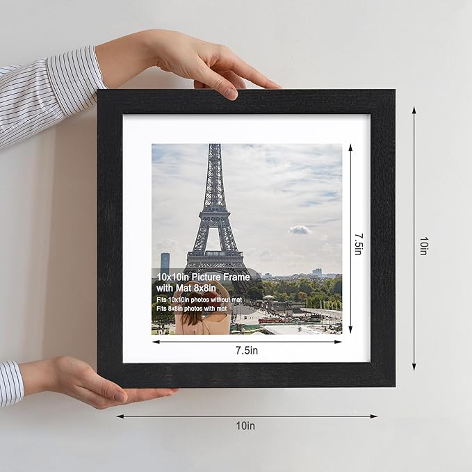 10x10 Picture Frame Set of 4, Made of Glass and Rustic Black Wooden Frame - Display Picture 8x8 with Mat or 10 x 10 Without Mat, 10 by 10 Photo for Wall or Tabletop