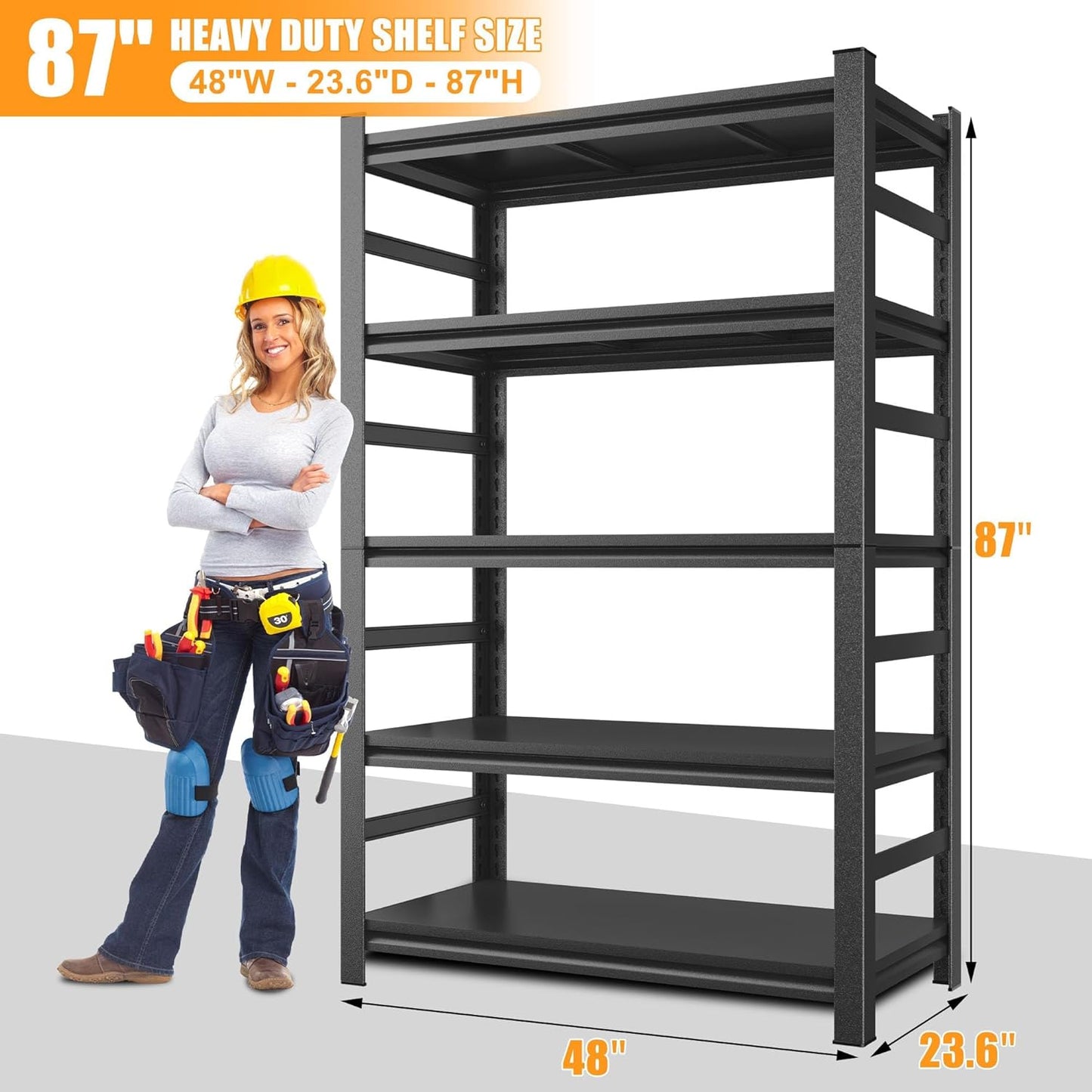 87" H Garage Shelving 3000LBS Capacity Heavy Duty Storage Shelves, Adjustable 5 Tier Metal Industrial Shelf for Kitchen, Utility Room, Warehouse and Basement,24" Dx47 Wx87 H, Black