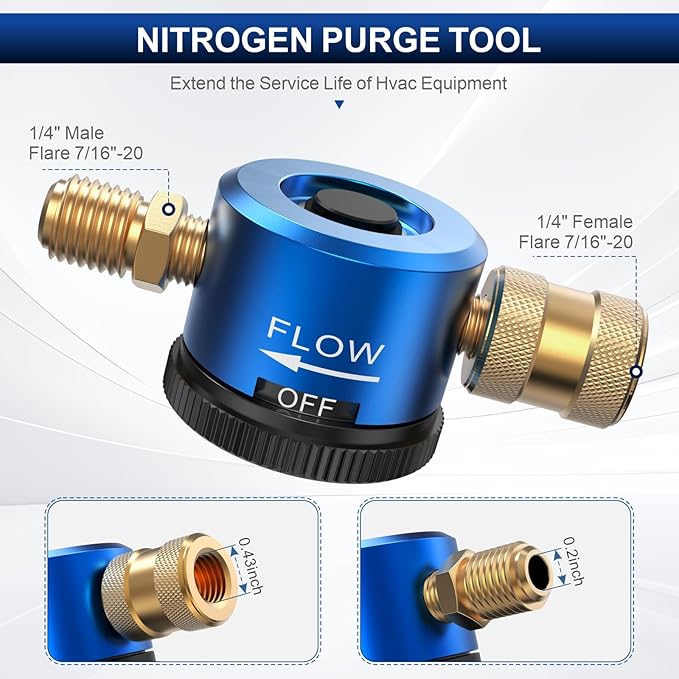 HVAC Nitrogen Regulator, Nitrogen Purge Regulator Tool with Quick-Adjust Valve for Brazing & Purging, 1/4" Hose Fittings (Blue)