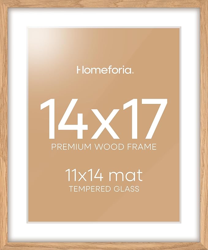 Homeforia 14x17 Natural Oak Wood Picture Frame with 11x14 Mat, Tempered Glass, Wall Hook Included