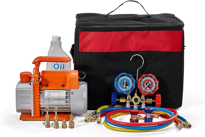 SUNROAD HVAC Air Vacuum Pump Set, 3.5 CFM 1/4HP A/C Refrigeration AC Manifold Gauge Kit for R410A R134a R12 R22 R502 Auto Air Conditioning Refrigeration Recharging