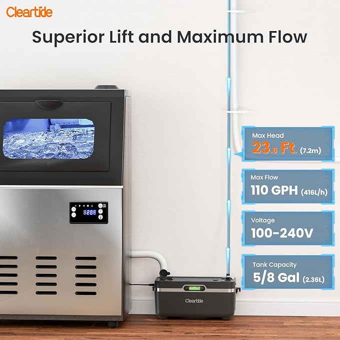 Cleartide Condensate HVAC Pump, Ultra-Quiet 25dB, 1/50 HP 110 GPH, Automatic Condensate Removal Pump with Safety Switch for Air Conditioner/Furnace/Dehumidifier, 100-240V, 23.6ft Head Height