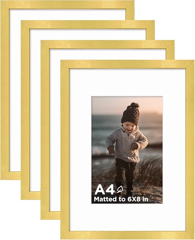 KINLINK A4 Frame Set of 4, Wooden 8.3 x 11.7 Frame with Plexiglass for A5 Picture with Mat or A4 Without Mat, for Wall and Tabletop Display Diploma Certificate Degree, a4 Picture Frames Gold
