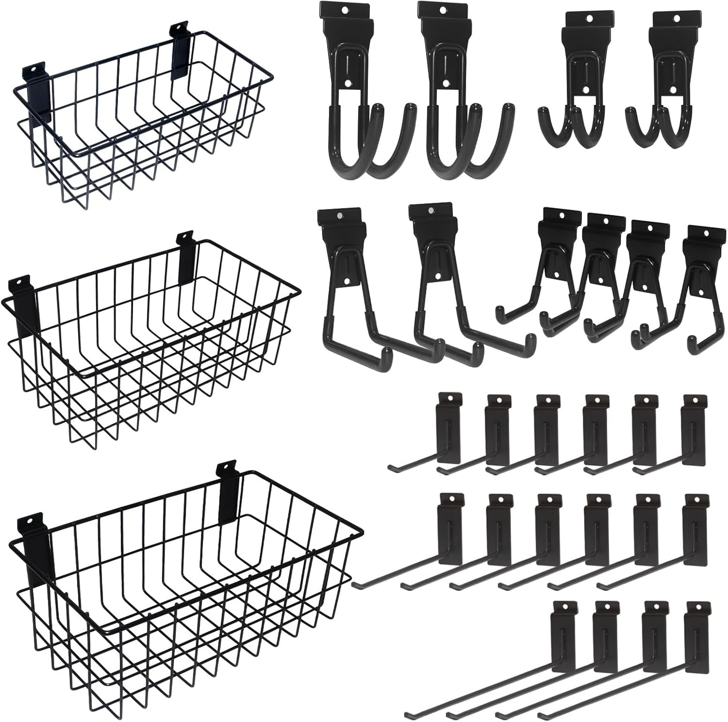 NeatiEase 29 PCS Slatwall Accessories Kit for Garage Rooms Shops Storage, Slat Wall Accessory Includes 3 Pack Slatwall Baskets Set and 26 PCS Multisized Heavy Duty Slatwall Hooks