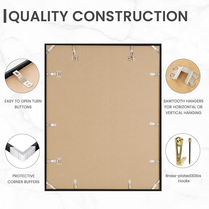 Heimlove 22x28 Aluminum Picture Frames, Large 22x28 Poster Frames for Wall, Versatile Wall Display Frames with Mat for 18x24 Photos for Home, Bedroom, Office, Wall Hook Included - 1Pack, Black