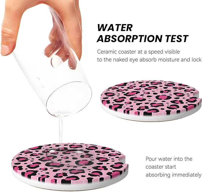 ABLESKY Car Coasters for Cup Holders, 2 Pack Absorbent Anti Slip Car Cup Holder Coasters, 2.56 Inch Ceramic Universal Size Auto Interior Accessories Women Men-Pink Leopard Spots