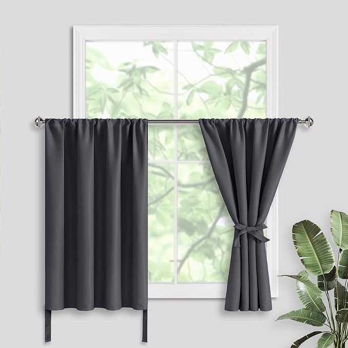 JIUZHEN Short Blackout Curtains for Small Window - Cafe Room Darkening Privacy Energy Saving Window Curtains Tiers for Bathroom,Kitchen, W 42 x L 30, Set of 2 Panels with Tiebacks, Dark Grey