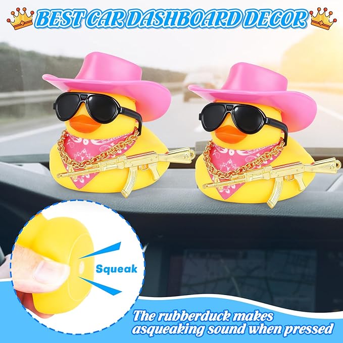 BOZILY Cowboy Rubber Duck Car Decor with Gold AK Gun, Sunglasses & Bandana, Funny Dashboard Accessories for Cars, Office, Home, Small Rubber Ducks for Birthday Gift(Pink Hat)