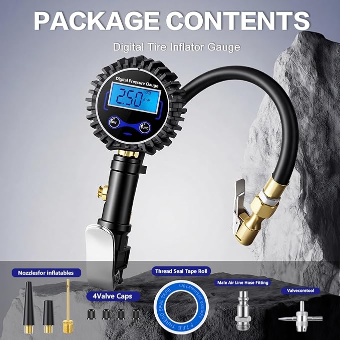 Digital Tire Pressure Gauge with Inflator, 250 PSI Heavy Duty Air Chuck & Compressor Accessories with Quick Connect Coupler and Rubber Hose for Cars, Inflatables