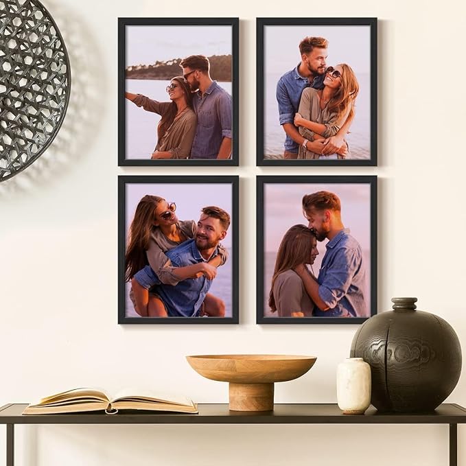 Renditions Gallery Set of 4, 8X10 Custom Photo Prints with Real Wood Picture Frames. Create Personalized Photos with Peel & Stick Photo Frames. Black Frame