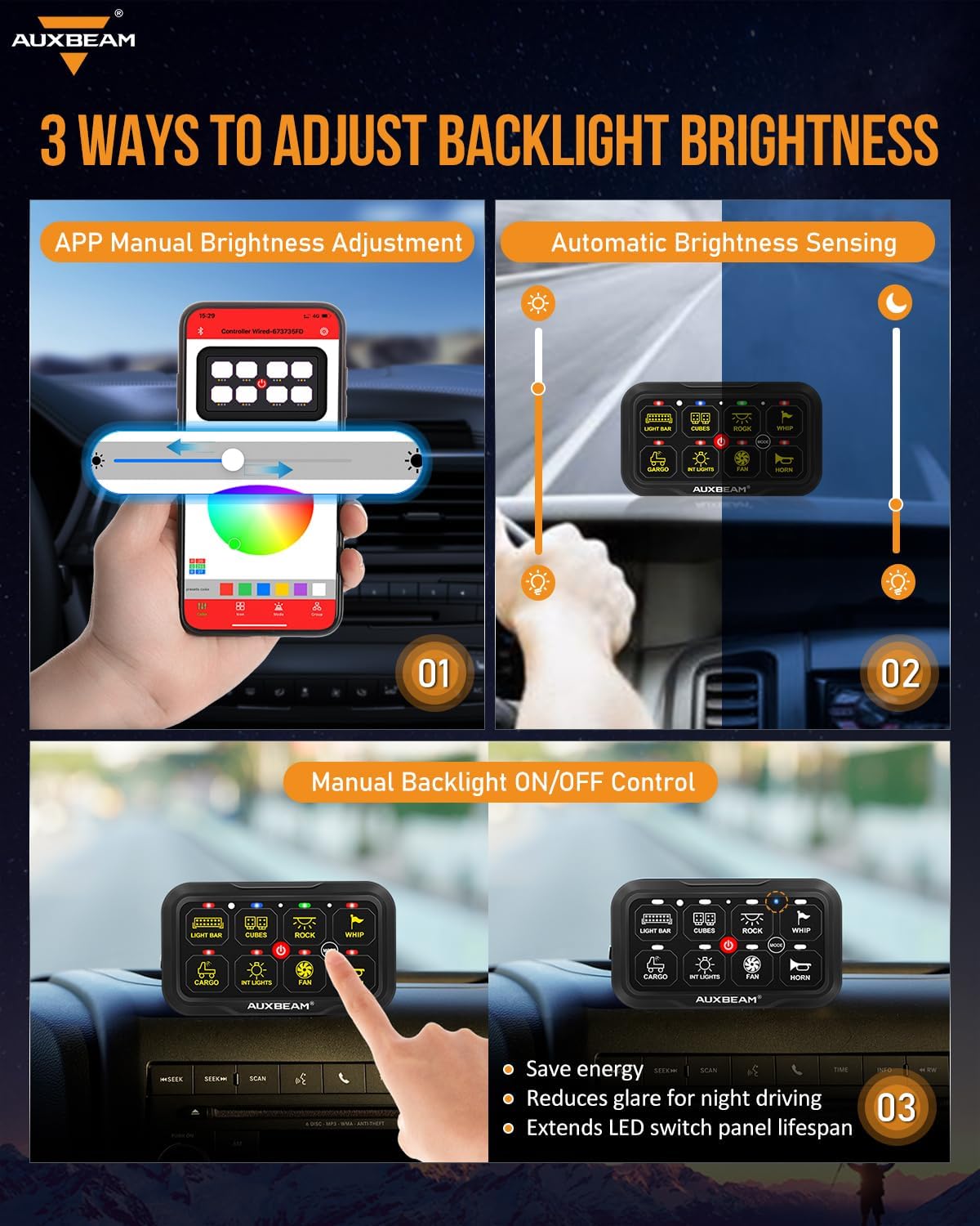 Auxbeam 8 Gang Switch Panel Bluetooth AR-800 RGB Switch Pod with Backlit Off Toggle Momentary Pulsed Auxiliary Switch Panel for Truck SUV ATV Marine RV Multifunction 12-24V Waterproof 2 Years Warranty