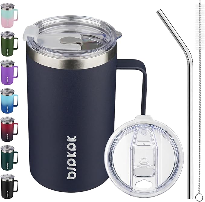 BJPKPK Insulated Coffee Mug with 2 Lids, 25oz Stainless Steel Insulated Tumbler with Handle, Double Wall Vacuum Coffee Cups, BPA Free Travel Mug for Coffee, Tea and Drinks, Navy Blue