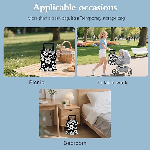 Abstract White Groovy Floral Car Trash Bag,Hanging Drawstring Car Garbage Bag,Canvas Car Back Seat Organizer with Adjustable Buckle for Men and Women