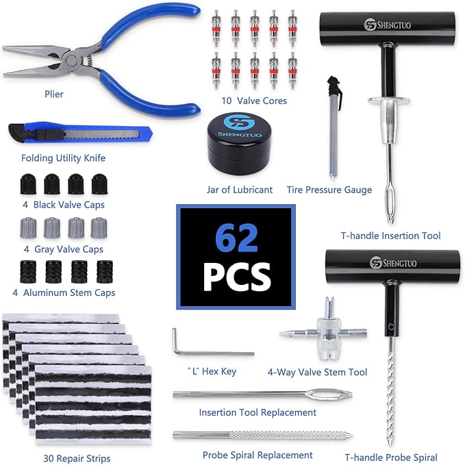 Universal Portable Tire Repair Kit 62PCS - Easy to Use and Well Packaged, Ideal for Emergency Situations Perfect for Car, Autos, ATV, UTV, Truck, Motorcycle, RV, etc.
