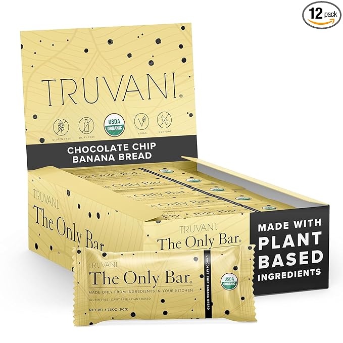 Truvani Plant Based Snack Bars | Chocolate Chip Banana Bread 12 Pack | 5g Protein | USDA Organic and Vegan | The Only Bar | Dairy, Soy, and Gluten Free | Individually Wrapped