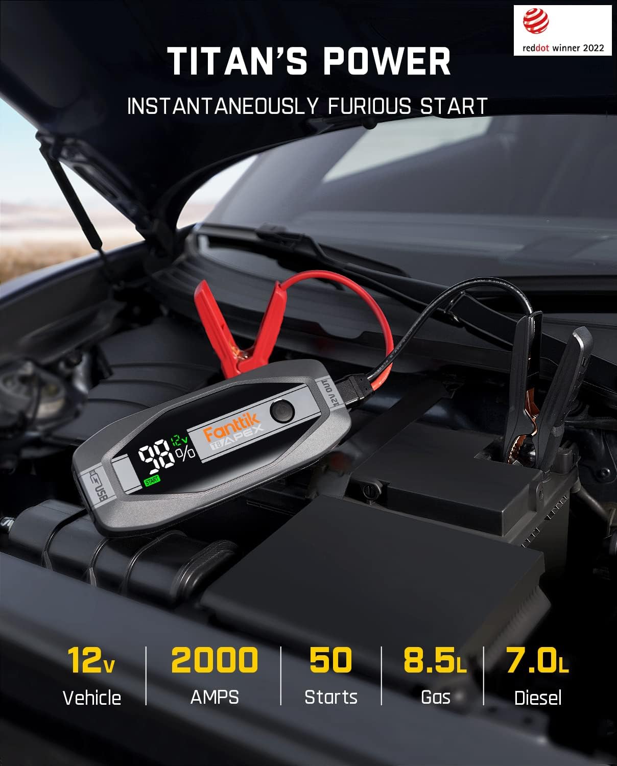 FANTTIK T8 APEX 2000 Amp Jump Starter, 65W Two-Way Fast Charging, for Up to 8.5L Gas and 6L Diesel Engines, Digital Screen, 12V Car Battery Booster Standard Package-Yellow