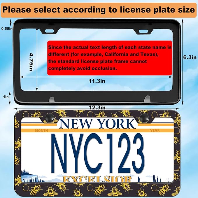 1-Pack Golden Honey Bee License Plate Frames for Women Man, 2 Holes Honey Bee Gold Aluminum License Plate Holder, Bee Themed License Plate Cover fits Vehicles with Keychain Wrist Lanyard