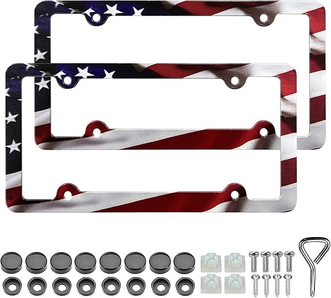 LIN KANG American Flag License Plate Frame Holder - 2 Pack Patriotic Universal Aluminum Matte Stripe US Flag Gloss Car Plate Frame Covers with 4 Holes and Screws Fasteners Caps