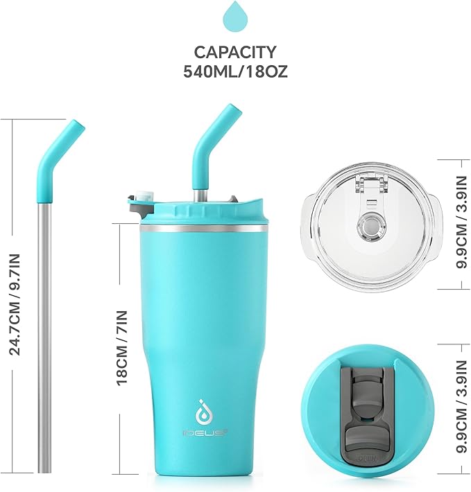 Ideus Insulated Tumbler with Lid and Straw 18 oz, Stainless Steel Double-Wall Vacuum Leak-Proof Travel Coffee Mug, Cup Holder Friendly, Sky Blue