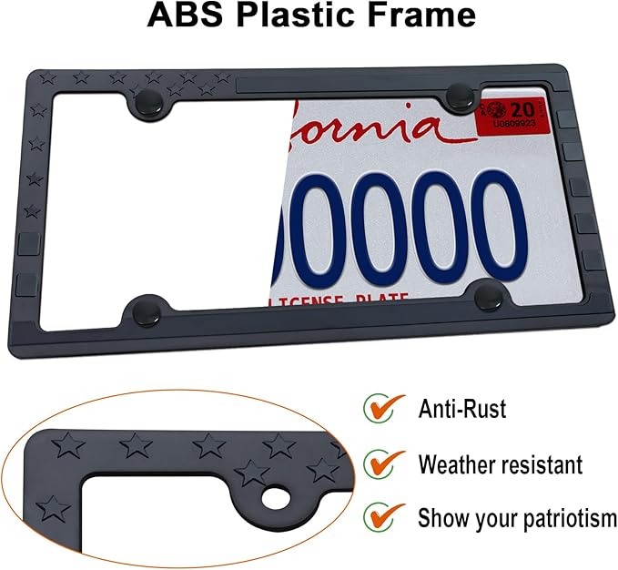 Aootf American Flag License Plate Frames- Patriotic Black USA Stars and Stripes Flag Car Tag Frame, 2 Pack 4 Hole Thin Plastic Holder for Front and Rear, Screws Caps, Auto Accessories