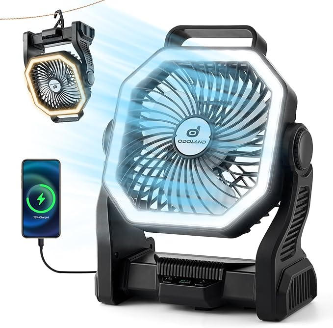 Odoland Rechargeable Camping Fan, 20000mAh Battery Fans with LED Lantern for Tent Car Beach Storm, Portable Light Desk Cooling Fan for Picnic Power Outage Hurricane, Black