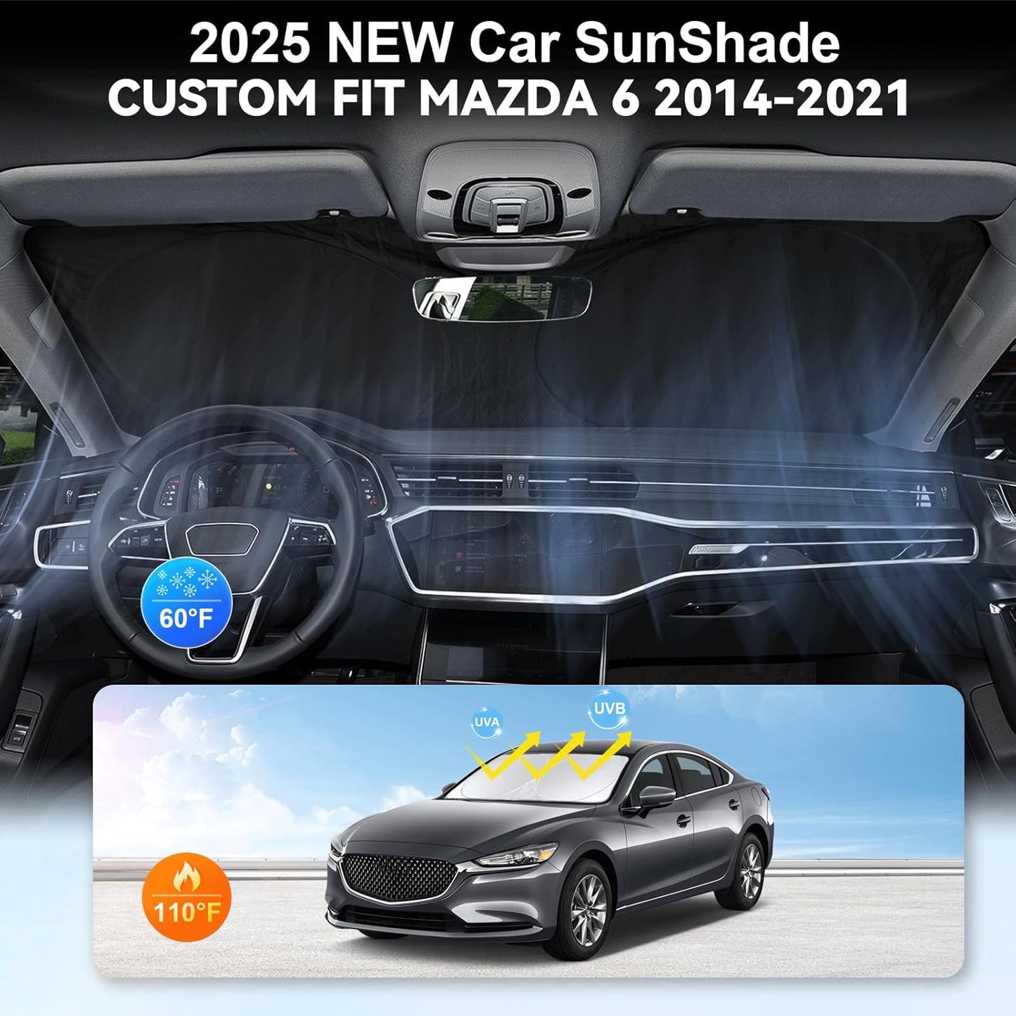 Custom Fit Mazda 6 Windshield Sunshade for Mazda 6 2014-2021 Mazda6 Accessories Front Window Shades Cover for Windshield Sun Visor Protector 210T Reflector Block Heat Protector Blocks UV Rays