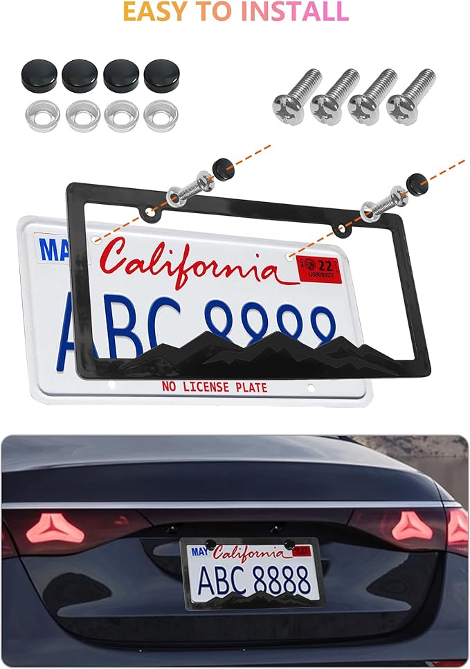 Mountain License Plate Frames - 2 Pack Black Plastic Car Tag Frame with 3D Mountain Design, Included Mountain Vinyl Sticker, Screws & Caps