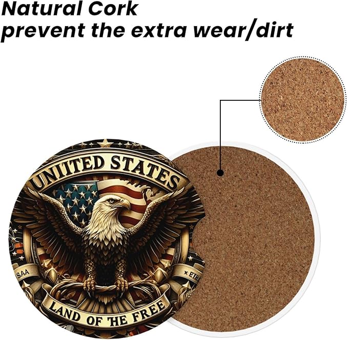 ABLESKY Car Coasters for Cup Holders, 2 Pack Absorbent Anti Slip Car Cup Holder Coasters, 2.56 Inch Ceramic Universal Size Auto Interior Accessories Women Men-Patriotic Bald Eagle USA Flag