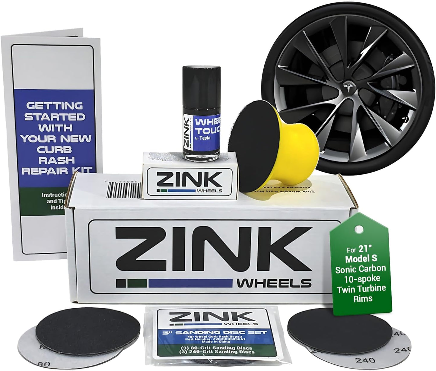 Premium Tesla Wheel Curb Rash Repair Kit for Model S 21-inch Sonic Carbon Twin Turbine Rims - DIY Kit with Color-matched Touch Up Paint - Made in USA