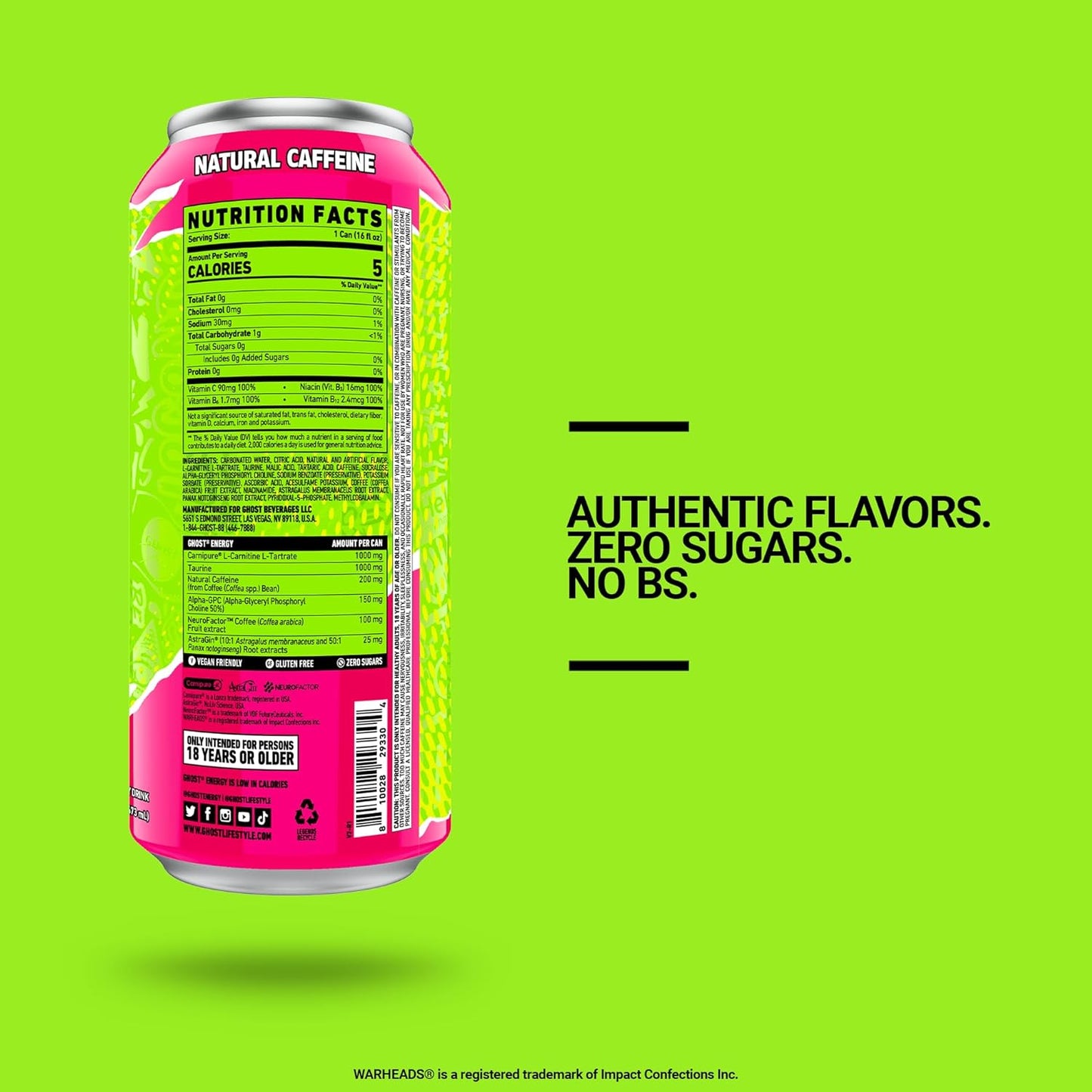 GHOST Energy Drink - 12-Pack, Warheads Sour Watermelon, 16oz - Energy & Focus & No Artificial Colors - 200mg of Natural Caffeine, L-Carnitine & Taurine - Gluten-Free & Vegan