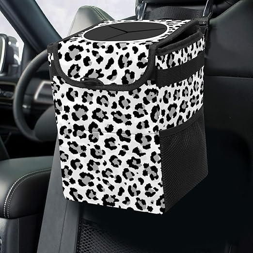 Black and Grey Leopard Trash Can with Lid - Collapsible Reusable Waterproof Garage Bag, Automotive Garbage Can, Car Accessories Interior Organizer