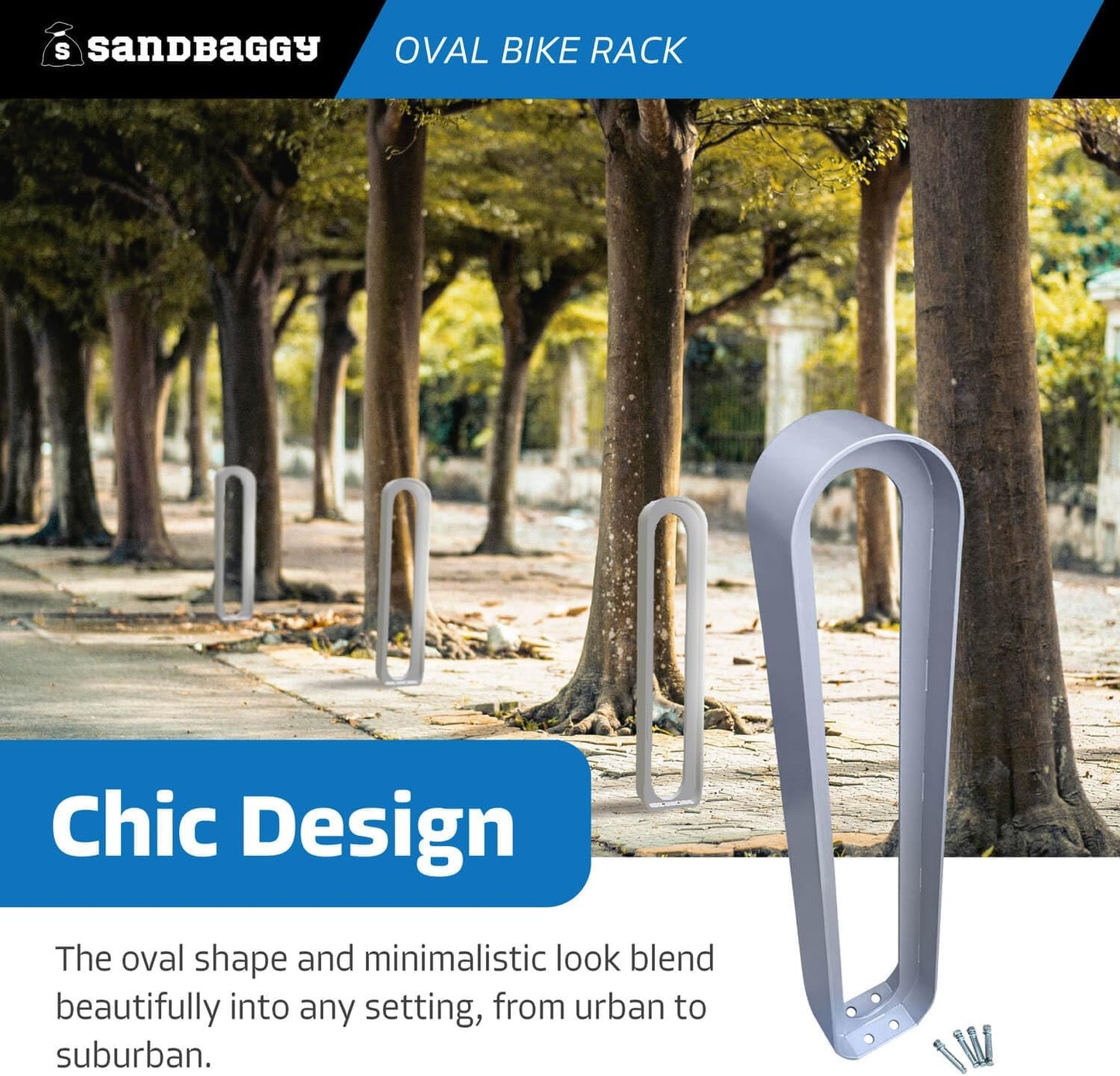 Sandbaggy Modern Commercial Bike Rack | 6.5” x 3” x 35” Oval Design | In-Ground | Anchor Bolts Included (Blue, 8)