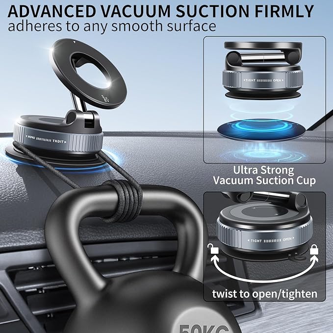 Vacuum Suction Magnetic Phone Holder, 2025 Upgraded Vacuum Suction Cup Mount for Magsafe, 360° Adjustable Foldable Portable Magnetic Car Phone Stand for Cars/Gyms/Mirrors/Smooth Surface (Black)