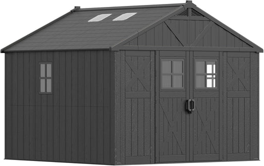 Devoko 10 x 8 FT Black Plastic Outdoor Storage Shed with Windows, Resin Tool Shed with Floor Garden Shed for Patio,Garden, Backyard