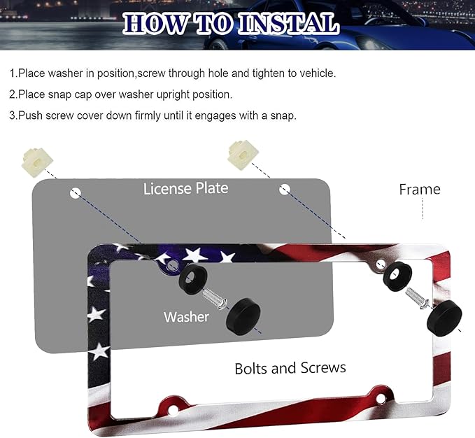 LIN KANG American Flag License Plate Frame Holder - 2 Pack Patriotic Universal Aluminum Matte Stripe US Flag Gloss Car Plate Frame Covers with 4 Holes and Screws Fasteners Caps