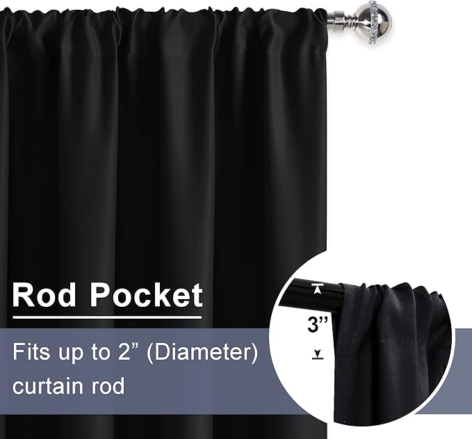JIUZHEN Blackout Curtains for Bedroom - Thermal Insulated Room Darkening Rod Pocket Curtains for Living Room, Set of 2 Panels with Tiebacks, 70 x 96 Inch Length, Black