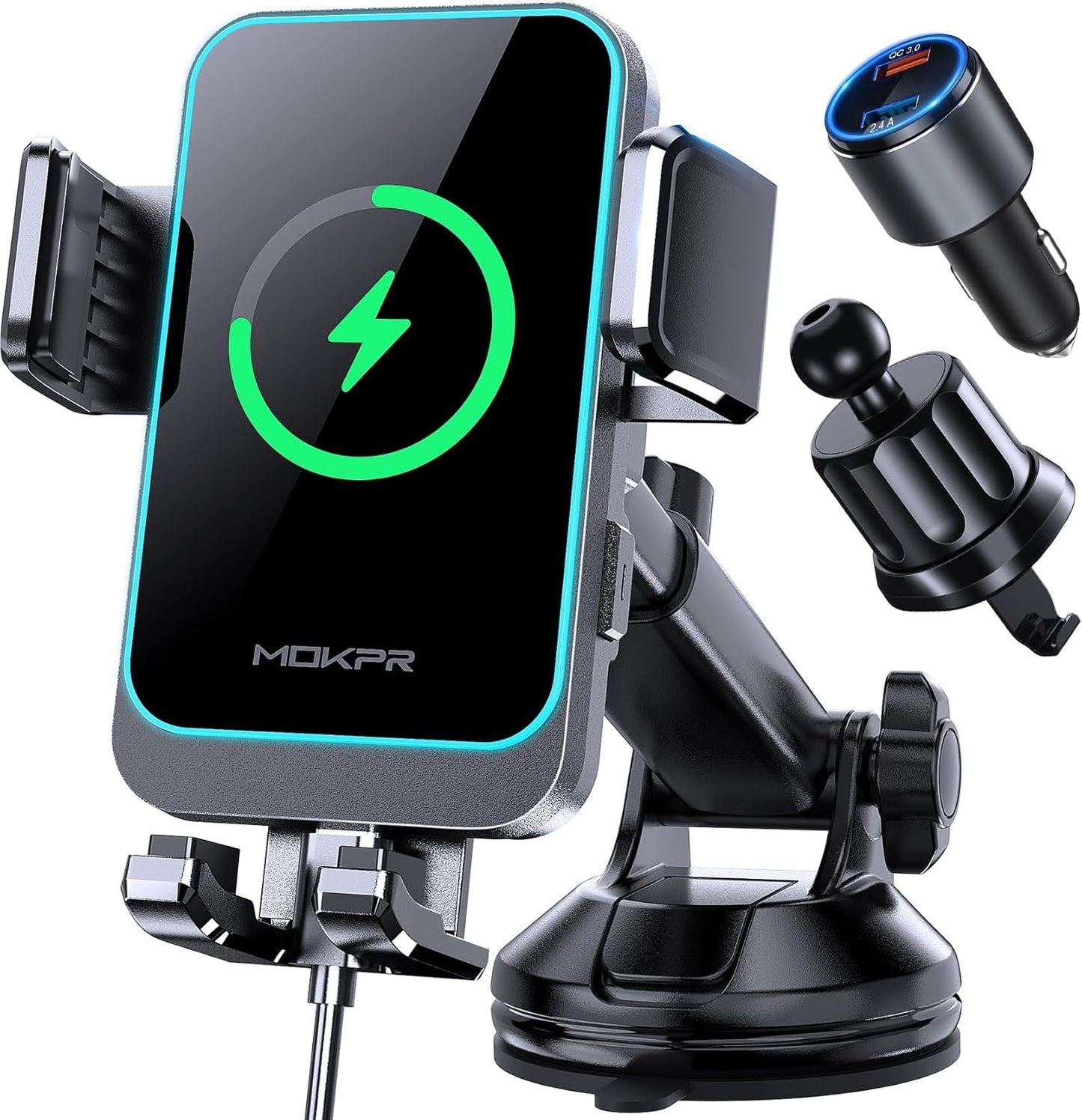 Wireless Car Charger, MOKPR 15W Fast Charging Auto Clamping Dashboard Windshield Air Vent Car Phone Holder Car Charger for iPhone 16 15/14/13/12 Pro Max Plus, Samsung S23/S22/S21,etc