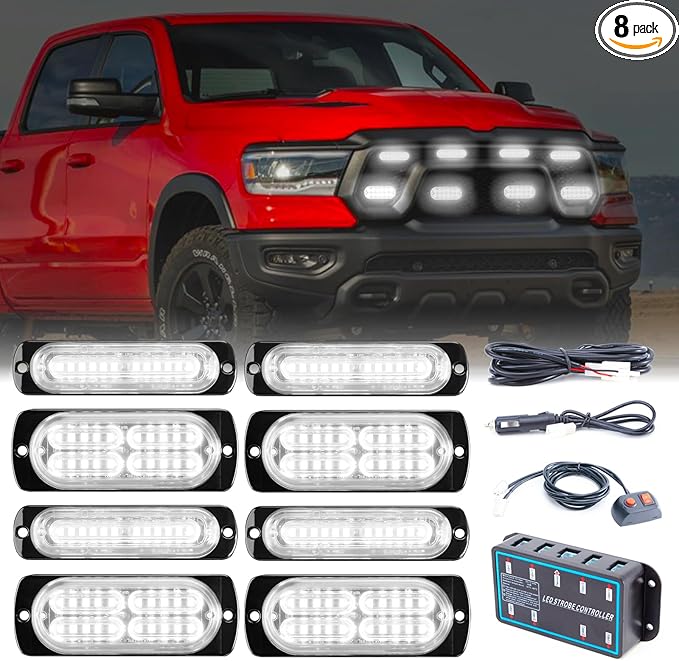 8pcs Sync Feature Emergency Strobe Grille Lights LED Ultra Slim Surface Mount Flashing Hazard Warning Light Bar with Controller for Firefighter/Construction/Trucks/Vehicles/Car (White)