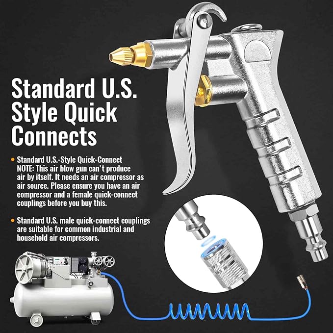 Adjustable Brass Air Nozzle Blow Gun, Heavy-Duty Industrial Air Gun Blower with Steel Extension, Professional Dust Cleaning Tool for Air Compressor Attachments