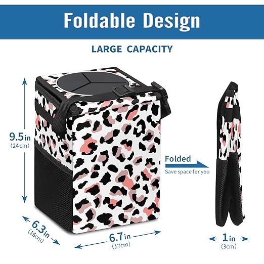 Car Trash Can Leopard Print White Pink Wate-rproof Auto Garbage Bag Car Trash Can with Lid Leak-Proof Car Storage Bag Hanging for Headrest Collapsible and Portable with Storage Mesh Pocket