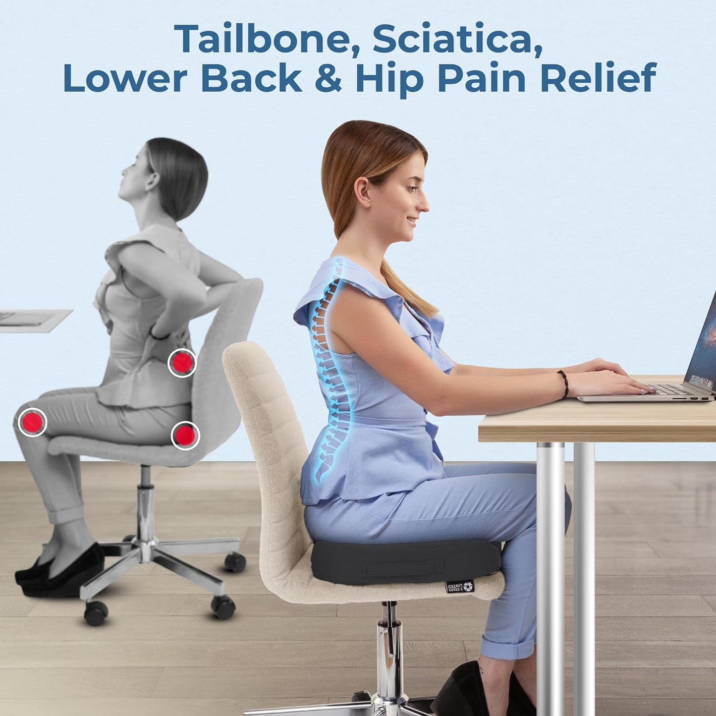 5 STARS UNITED Seat Cushion for Tailbone Pain Relief – Large Memory Foam Lifting Pillow for Coccyx, Hip, Sciatica & Post-Surgery Recovery – Wheelchair, Car, Desk, Gaming & Office Chairs, Dark Gray