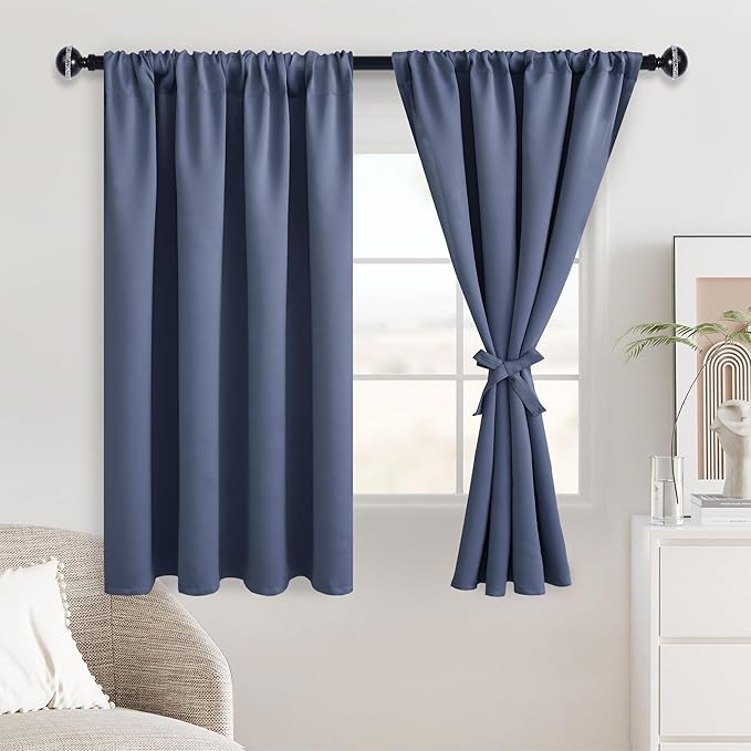 JIUZHEN Blackout Curtains for Bedroom – Thermal Insulated,Noise Reducing Room Darkening Privacy Rod Pocket Drapes for Living Room, Set of 2 Panels with Tiebacks, 42 x 54 inch Long,Dusty Blue