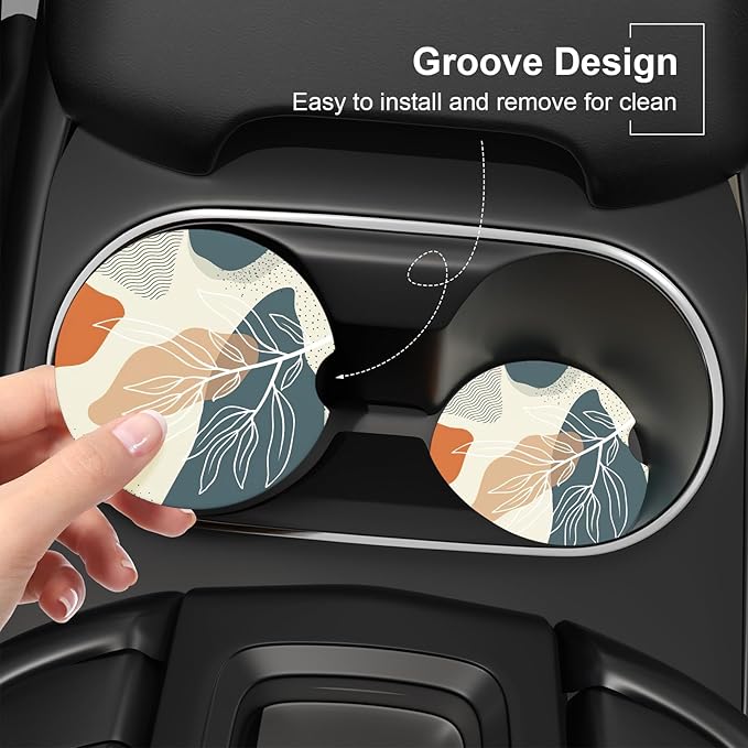 Car Cup Holder Coaster, Car Coasters for Cup Holders, 2 Pack Universal Anti Slip Insert Absorbent Ceramic Auto Interior Accessories with A Finger Notch & Cork Base, Abstract Boho Leaf