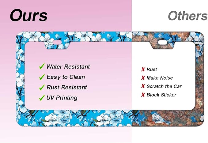1pcs Blue White Cherry Blossom License Plate Frame for Women, Cyan Sakura Car Tag Frames Girly for Vehicle with Non Adhesive Electrostatic Sticker